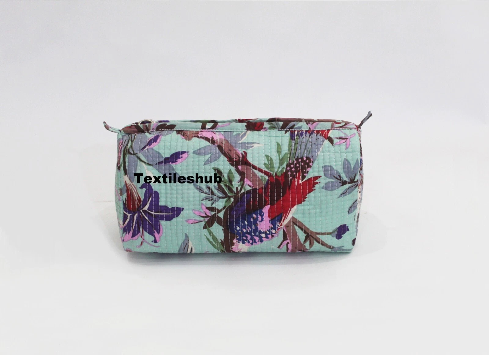 Indian Green Bird Cotton Quilted Toiletry Purse Cosmetic Storage Bag Of 3 Pc Set