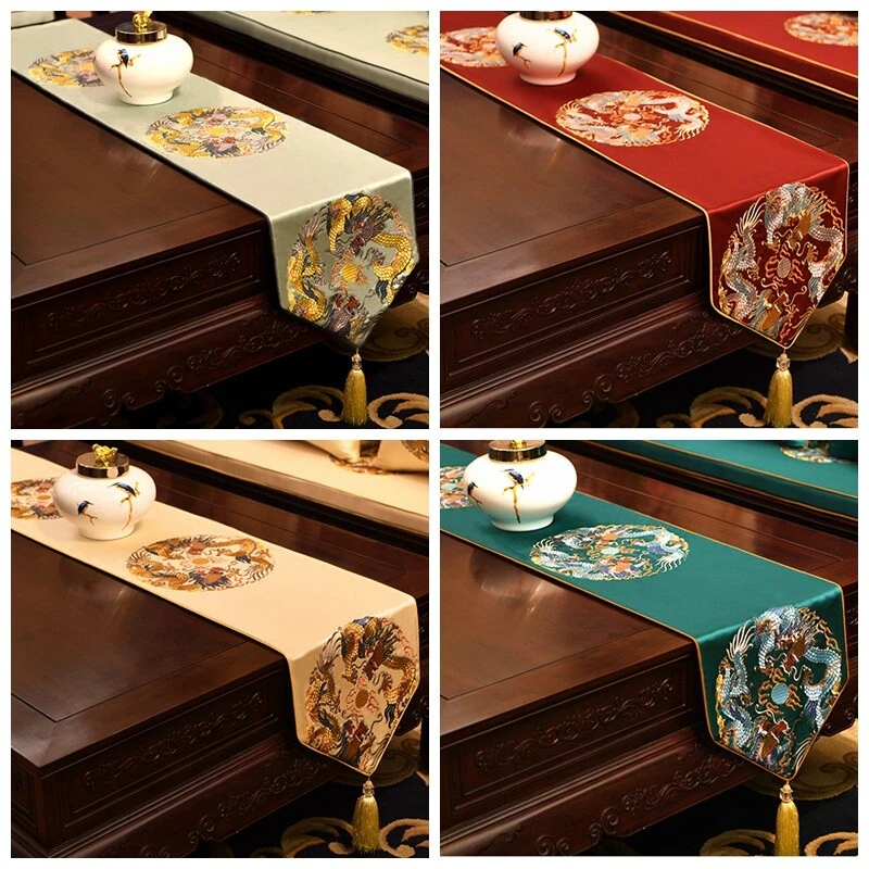Chinese Table Runner Jacquard Dragon Pattern Tablecloth Tassel Kitchen Home - Image 4 of 4
