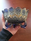 Pretty Blue Fenton Carnival Glass Orange Tree Pattern Nut Bowl Cracked