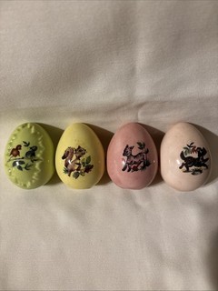 Lot Of 4 Vintage Easter Eggs Painted Glossy Birds Squirrel Lamb Dog Pastel