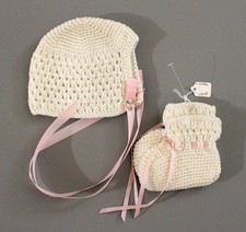Hand Knit Baby Bonnet  Bootees Set White with Pink Ribbon, 3 - 6 Months