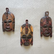 Set of 3 Wooden Tribal Wall Mounted Masks, Brown Black Red Carved Decor