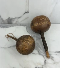 Vintage Maracas Percussion Shakers Hand Carved Coconut Shell 1960’s