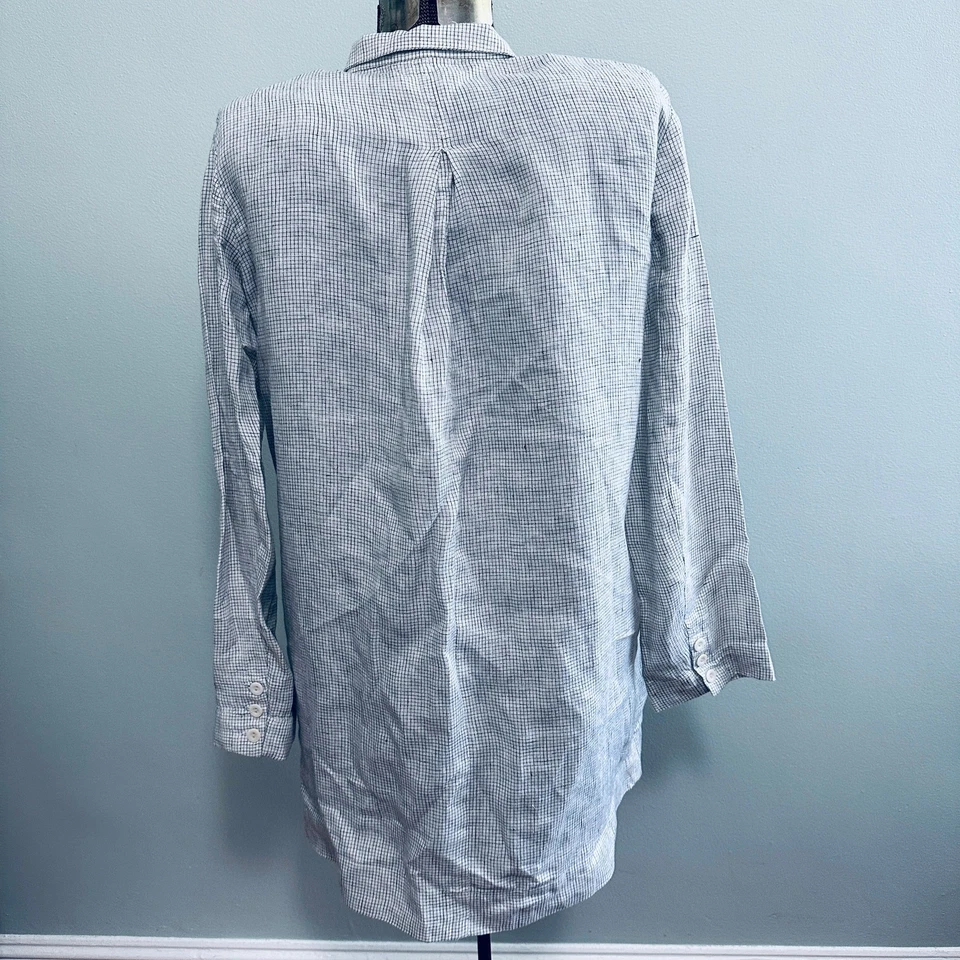 Eileen Fisher cream plaid long linen blazer - Image 2 of 4