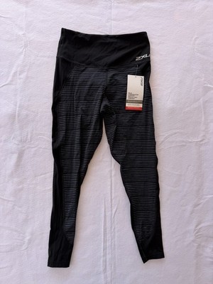 2XU Womens Fitness Hi-Rise Comp Tight Size Medium Black Gray Stripe WA5384b NWT