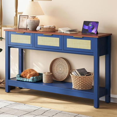 47'' Blue Entryway Console Table 3 Rattan Drawers Open Shelf Sofa Table