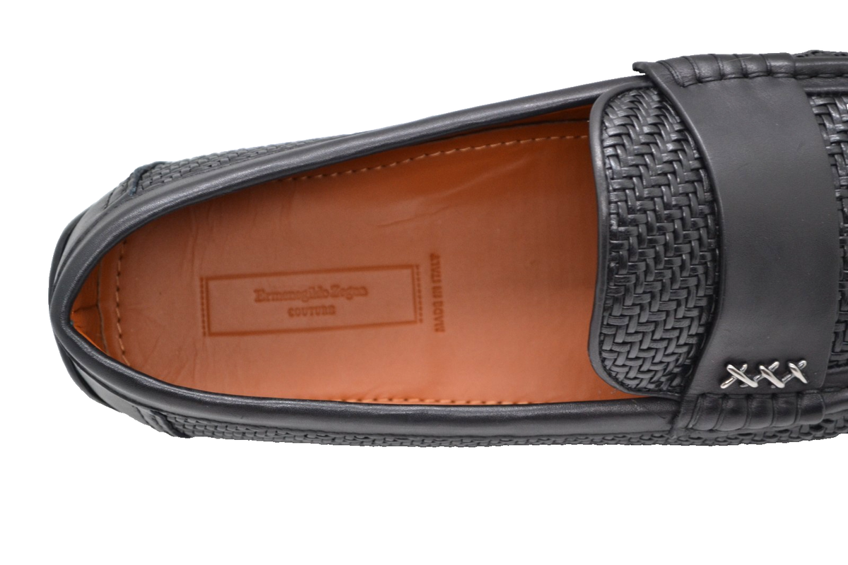 Ermenegildo Zegna Men's Black Leather Woven Driving Shoes Sz US