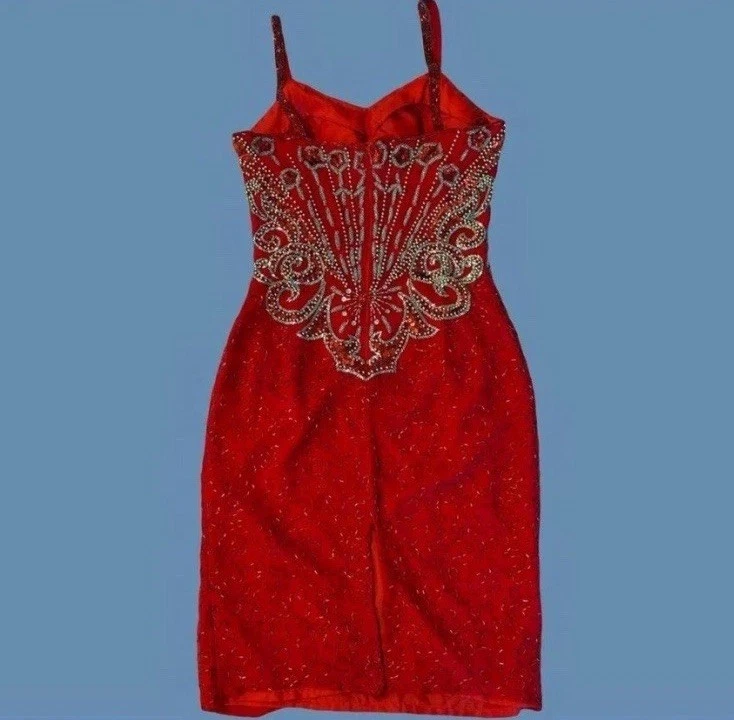 Vestido Midi Rojo Brillante Vintage Con Cuentas Diseños Alyce Formal Ocasión Foto 4 de 4
