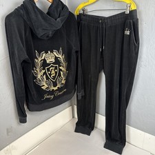 Juicy Couture Womens XL Velour Tracksuit Y2K Rhinestone Black Crown 2 Piece Set