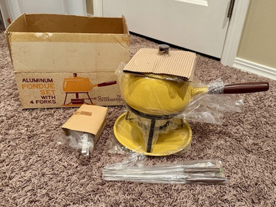 #ad #ad Vintage Gourmet International Yellow Mustard Fondue Set Wood Handle NOS NEW MCM $49.50