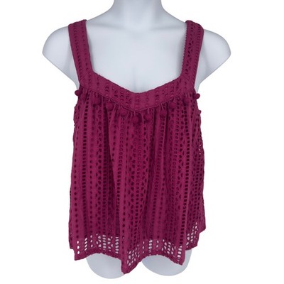Sundance Eyelet Cotton Tank Top L Pom Trim