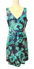 Tory Burch Floral Jacquard Silk Dress Sleeveless Blue Green Black Sz 10 Metallic