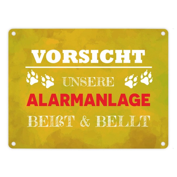 Vorsicht Unsere Alarmanlage BeißT & Bellt Metallschild In 15X20 Cm In Gelb-image