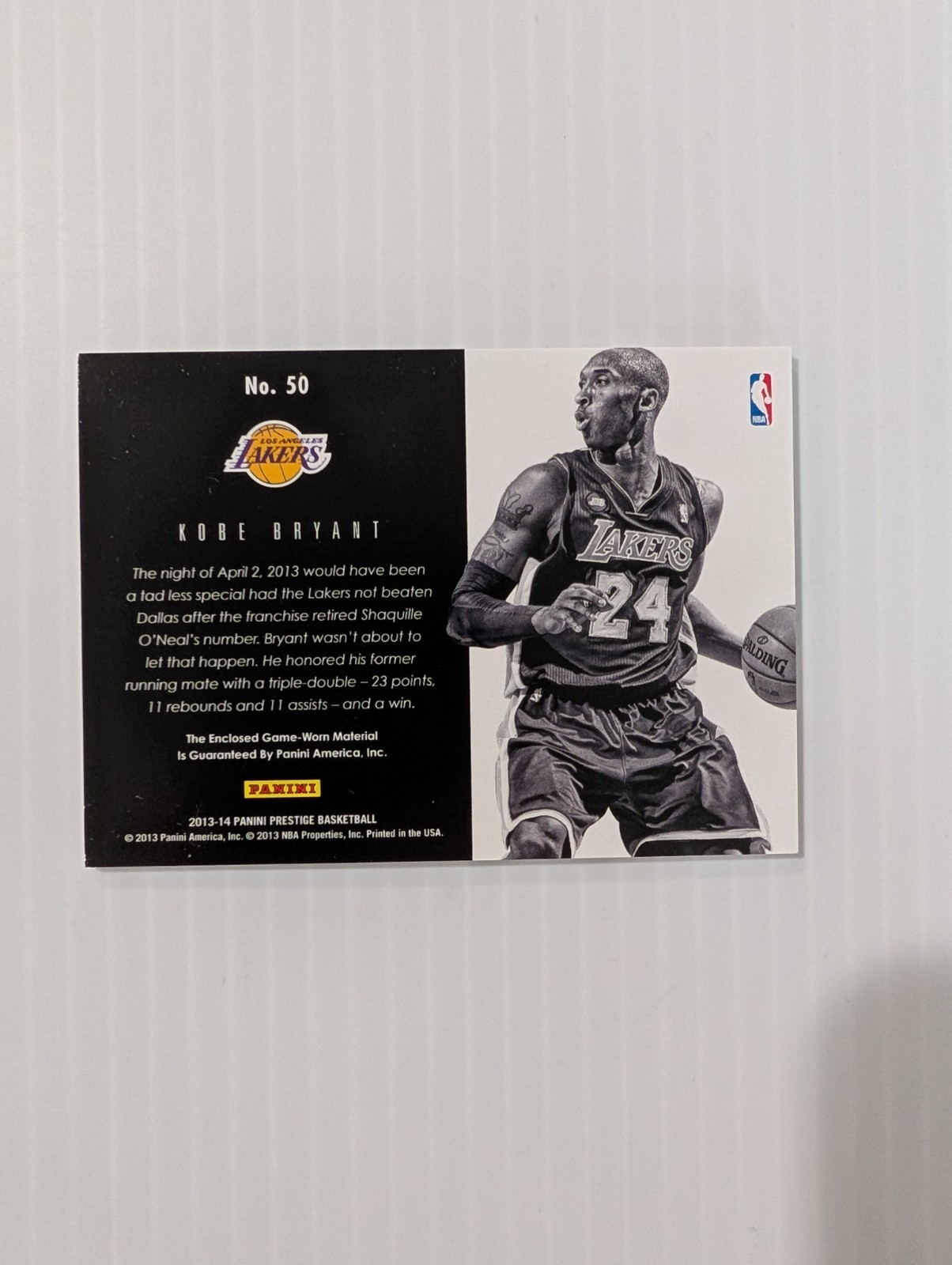 2013 Prestige Bonus Shots Kobe Authentic Game Worn Used Jersey Card  view 7