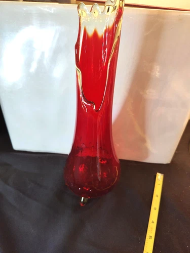 LE Smith Amberina Hobnail Swung Red Vase, 13", VTG, MCM