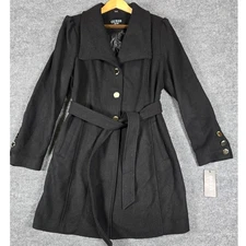GUESS Women's Black 51% Wool Blend Belted Trench Coat XL Gold Buttons Pockets