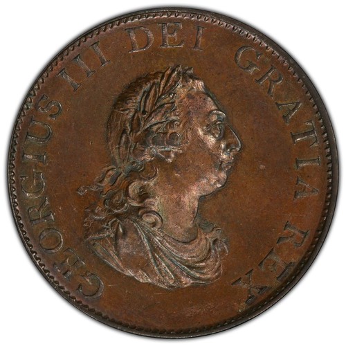 1799 GREAT BRITAIN 1/2 PENNY (1/2 D) KING GEORGE III PCGS MS-64 BN. SOHO Mint - Picture 3 of 4
