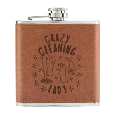 Crazy Cleaning Lady Stars 6oz PU Leather Hip Flask Tan Mum Mothers Day Cleaner