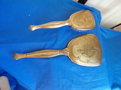 Gold Tone Art Deco Floral Back Metal Hand Mirror & Hair  display picture 1