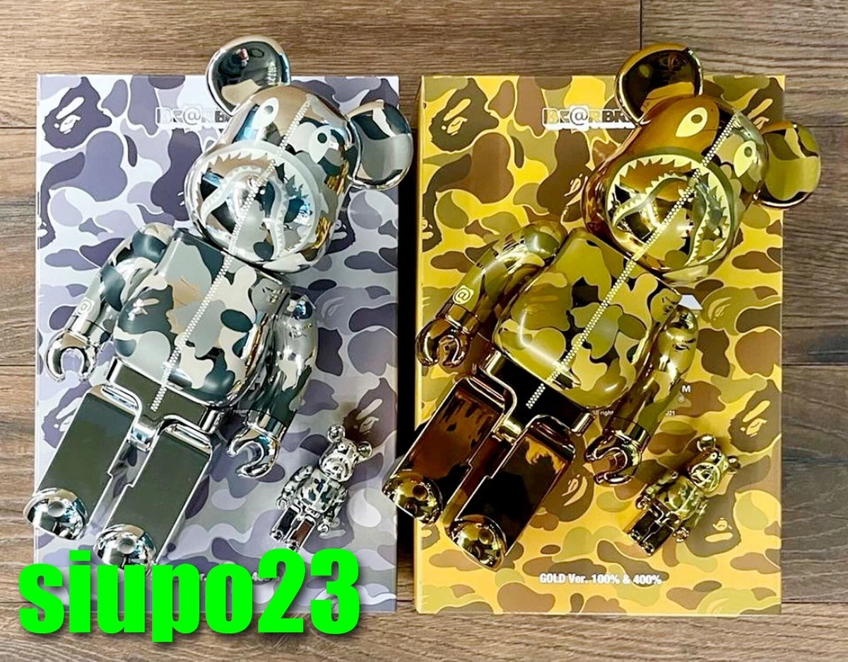 Medicom 400% + 100% Bearbrick ~ A Bathing Ape Be@rbrick Camo Shark Gold Silver