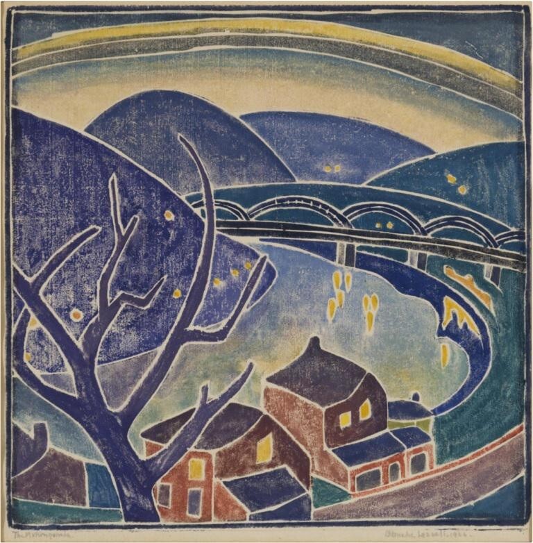 The Monongahela – Blanche Lazzell Modernist White-Line Woodcut