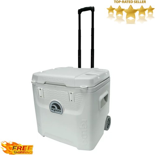 52 QT 5-Day Marine Ice Chest Cooler W/ Wheels Cup Holders Camping Backyard White