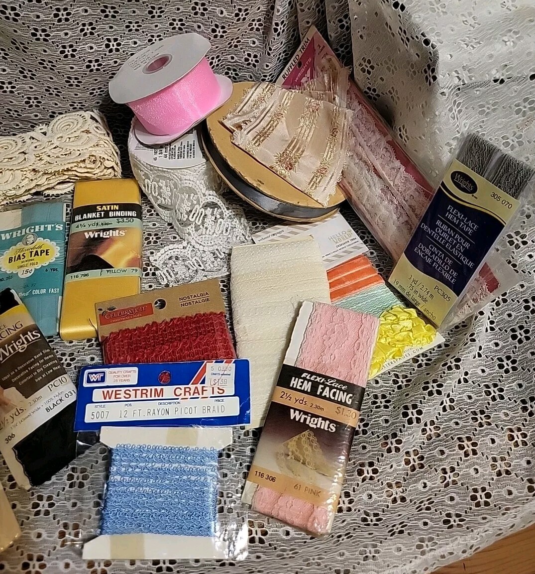Wright Ribbon Lot Of 26 Vintage Sewing/Craft Items-Wrights-Lace/Ribbon/Bias Tape/Hem ...