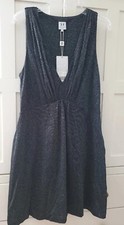 HALSTON Size 12 Classic Front Tuck Silver Metallic & Black Knit Dress  NWT