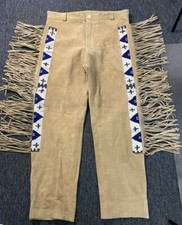 Native American Suede Leather Pants Fringes Beads Western Cowboy, NEW Beige