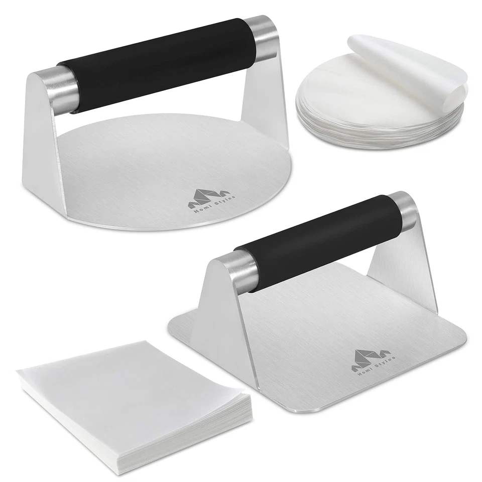 Paquete de 2 trituradores de carne redondos y cuadrados con asas de silicona para prensa de hamburguesas Smash Foto 2 de 4