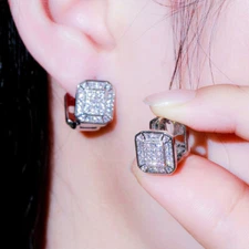 Luxury Silver Plated Square Stud Earrings Huggie Hoop Women Cubic Zircon Jewelry