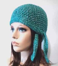 handmade crochet womans biker skull hat chemo wool blend heather teal