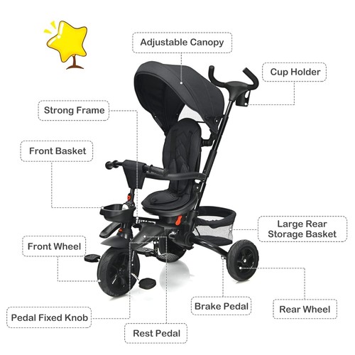 Kids Tricycle 6IN1 Ride On Trike Folding Pram Stroller 3-Wheel Bike Toddler Toy - Picture 13 of 19