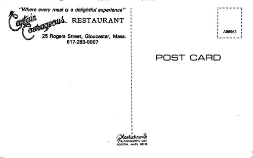 Captain Courageous Restaurant Dining Harbor Scene Gloucester, MA Postal de Colección - Imagen 2 de 2