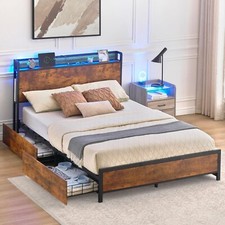 LED Full Queen Size Bed Frame with Storage Headboard 4 Drawers Charging Station