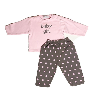 Elegant Baby Girl Two Piece Long Sleeve Pink Shirt Brown Poka Dot Pant 6-12 M