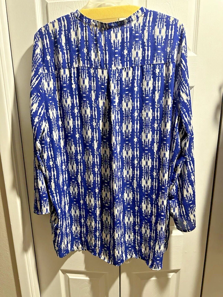 Kate & Mallory 2X 1X 20 22 LS Blouse Blue white geometric print BL54x35 FL 54x30 - Image 2 of 4