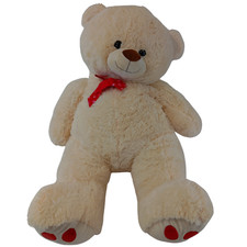Large Plush Teddy Bear with Red Bow and Paw Accents