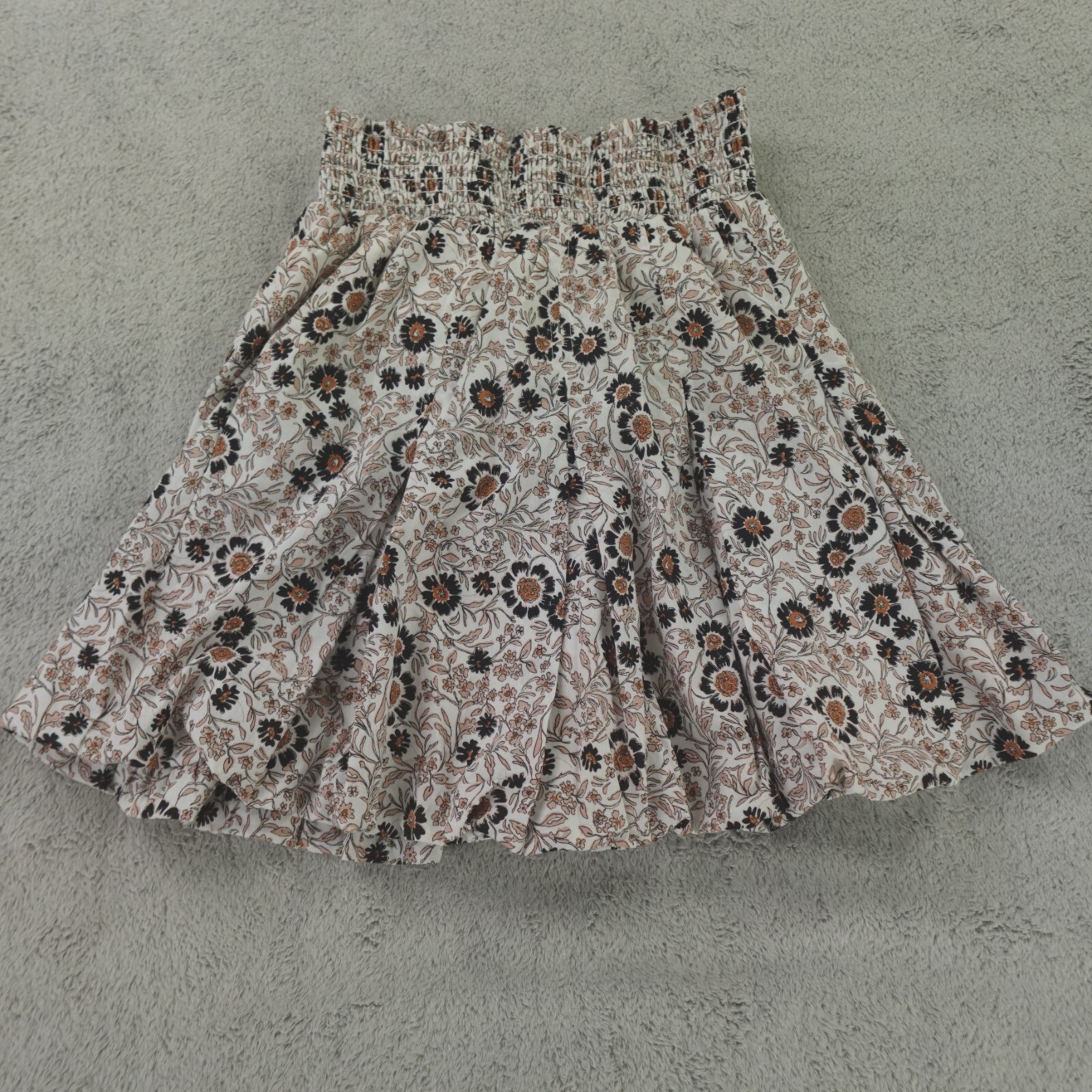 BURU Womens White Brown Floral Mini Skirt Smocked Waist Small