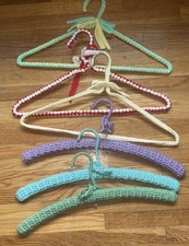 Lot Of 6 Vintage Crocheted Metal Clothes Hangers Granny Core Cottage Pastel