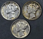 1943-PDS 10C MERCURY SILVER DIME 3 Coins KM# 140 Grade:  VF+ A6650