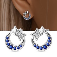 PANDACH Women 925 Sterling Silver Star Moon Stud Earrings Blue CZ Party Gifts