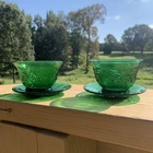 ANCHOR HOCKING Green Custard Bowls w/Plates Vtg 50s Christmas Candle Candy Gift