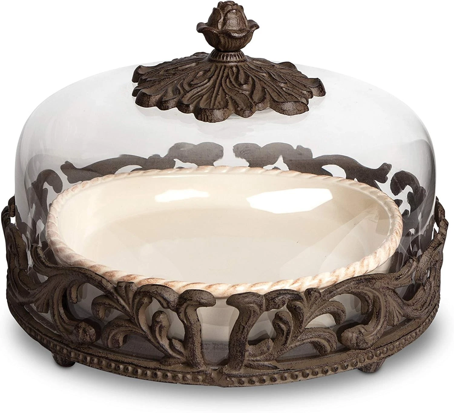 Ceramic Pie Plate Dome Lid Acanthus Leaf Metal Base Decorative Serve Ware Cream
Opens in a new windo