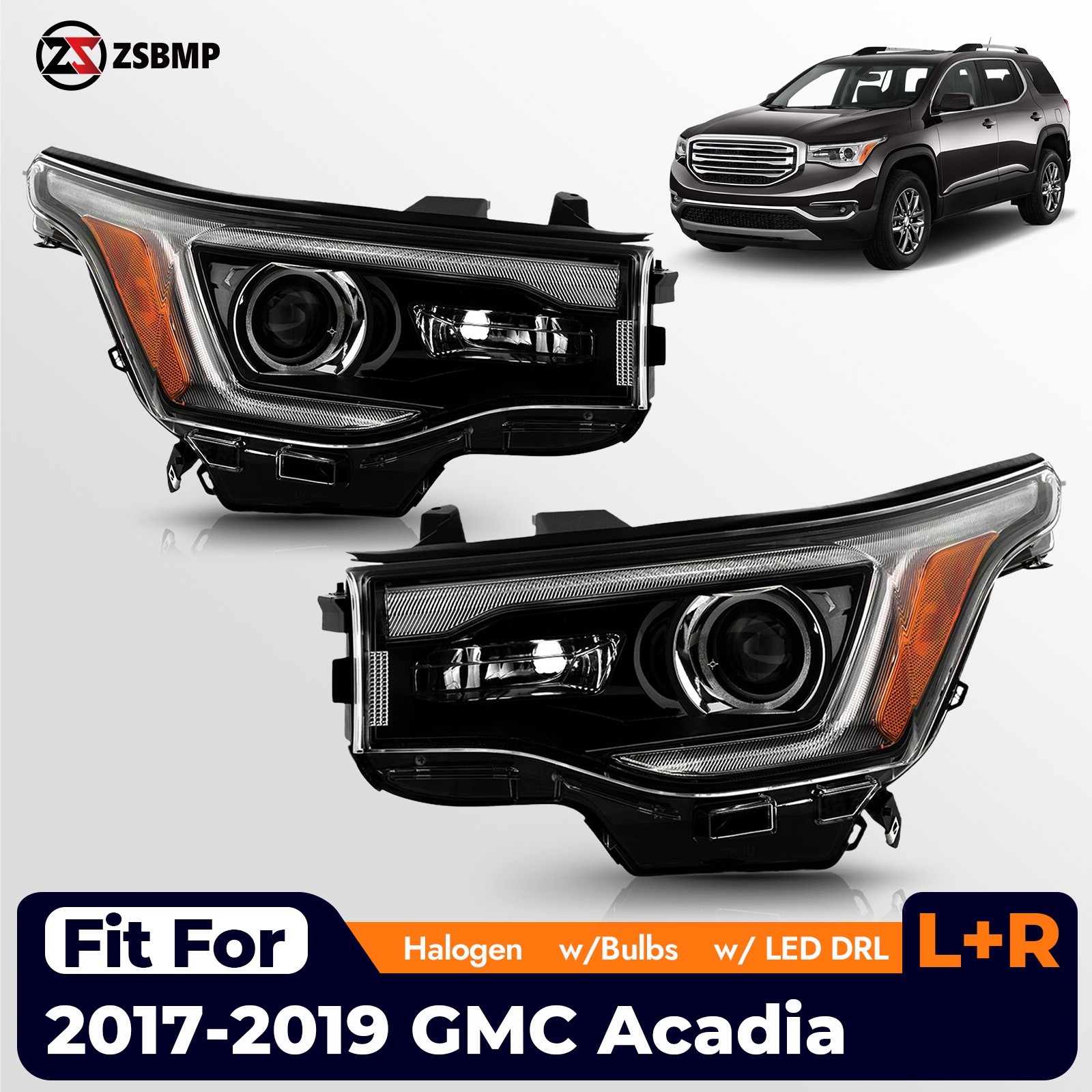 For 2017-2019 GMC Acadia w/LED DRL Black Halogen Headlight Headlamp w/ Bulb Pair