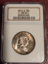 1949 S 50 Cent MS 65 TONED Franklin Silver Graded Coin Rare Great Investment