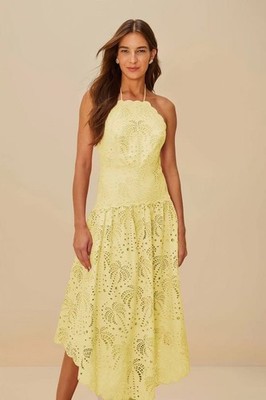 NWOT Farm Rio Embroidered Eyelet A-Line Asymmetry Beads Midi Dress Size L Cotton