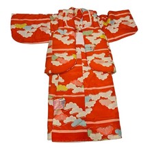 Deadstock Japanese Kimono Hifu Vest Set Kids Orange Pine Motif Shichi-Go-San
