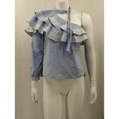 Veronica Beard Top Women 2 Blue Pinstripe Isla Ruffle One Shoulder Lace Romantic