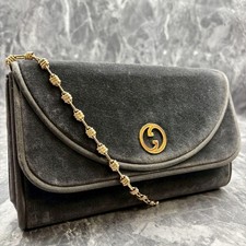 GUCCI Shoulder Bag Suede Black Leather GG Logo Gold Hardware From Japan